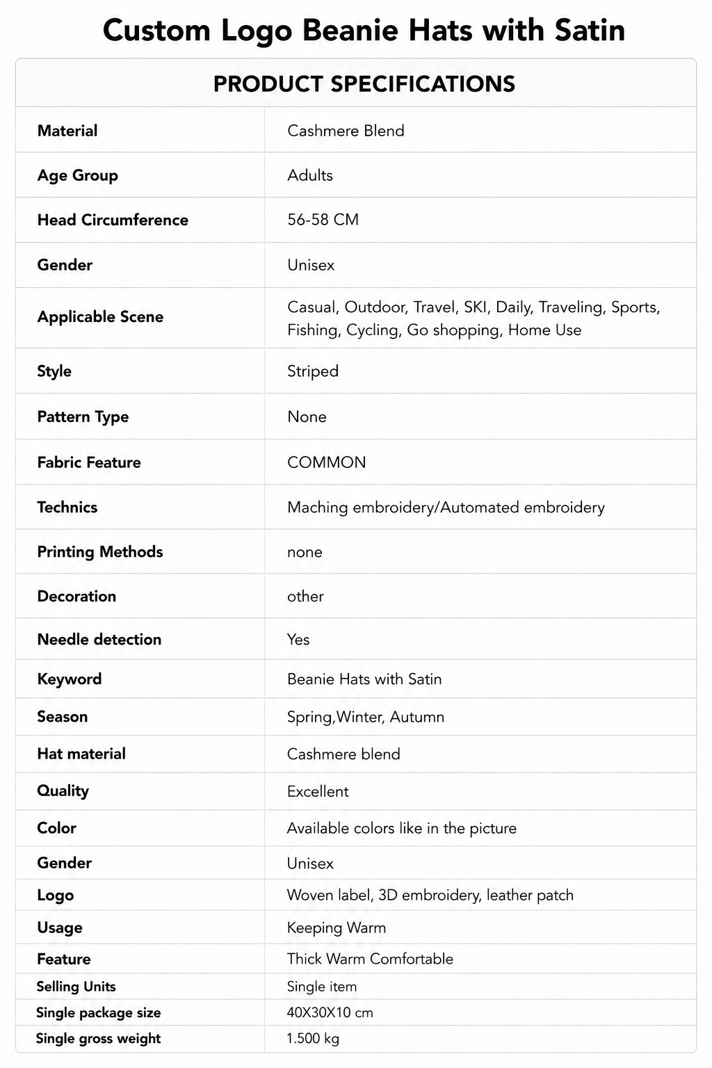 Custom Logo Beanie Hats with Satin