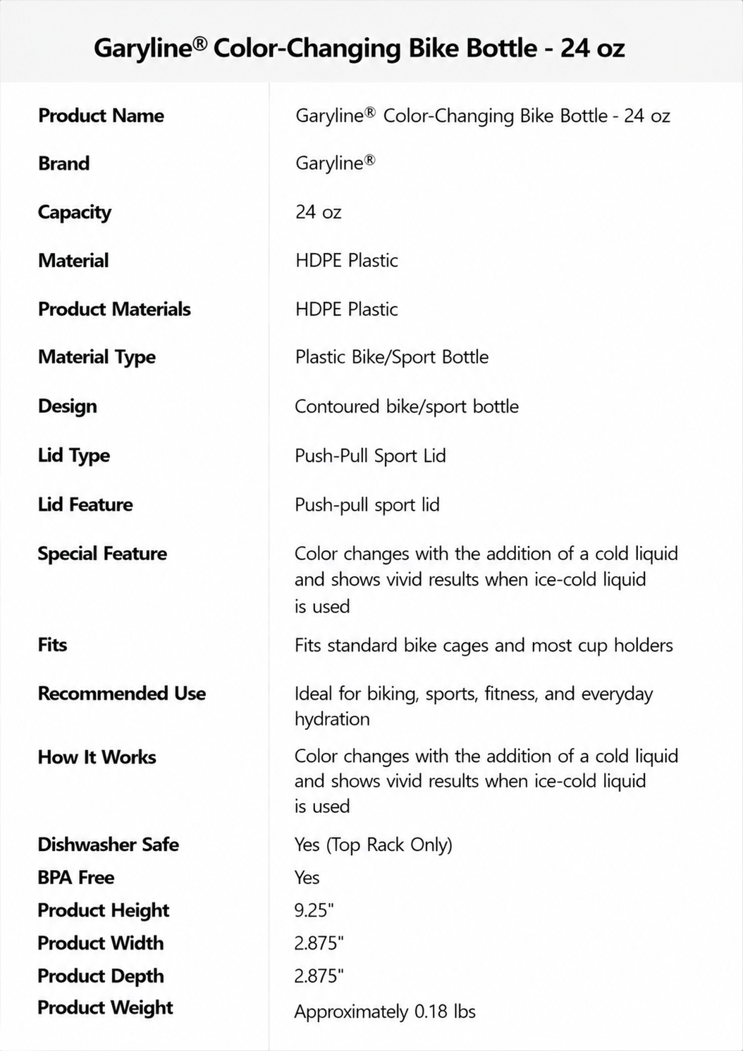 Garyline® Color-Changing Bike Bottle - 24 oz