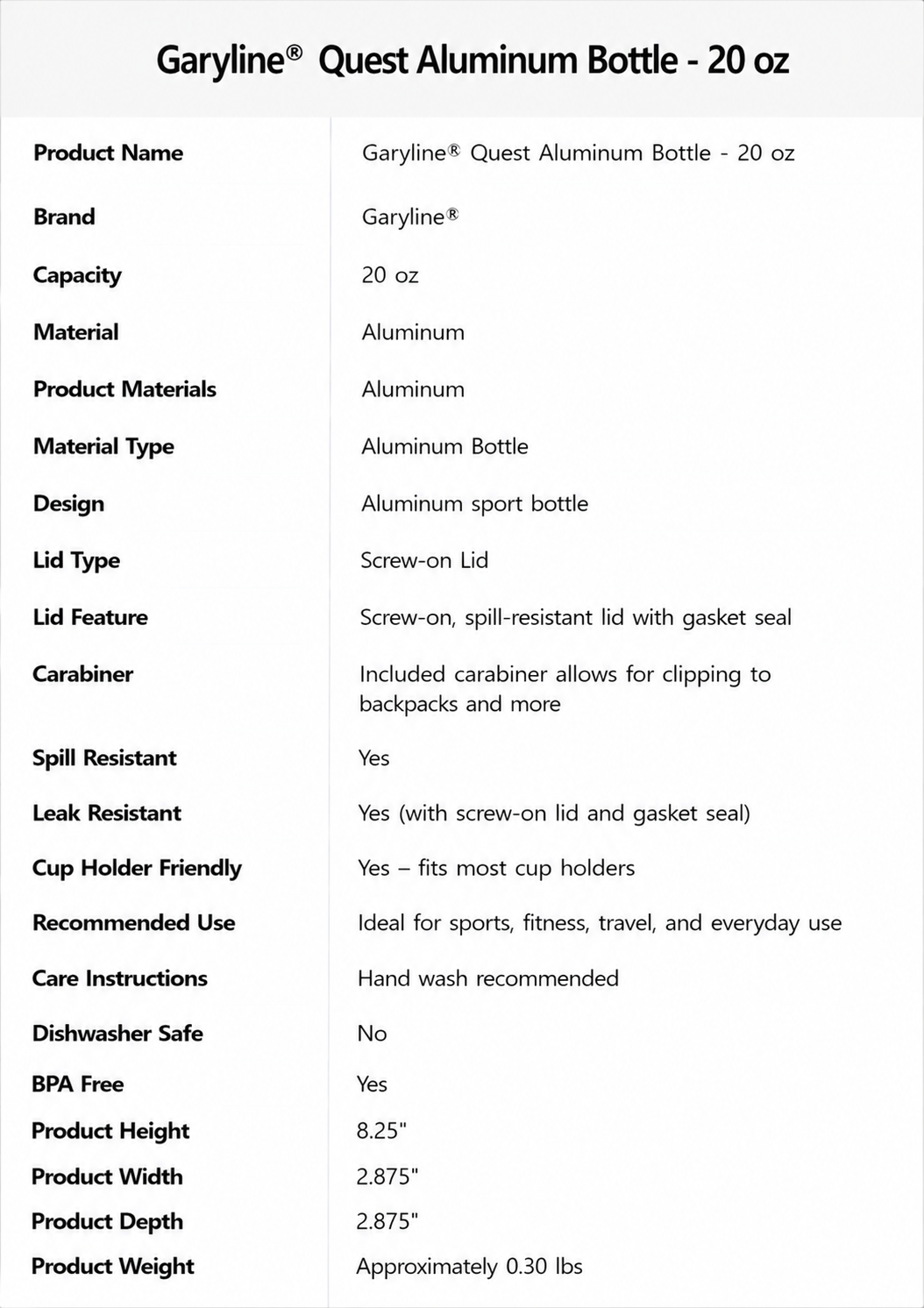 Garyline® Quest Aluminum Bottle - 20 oz
