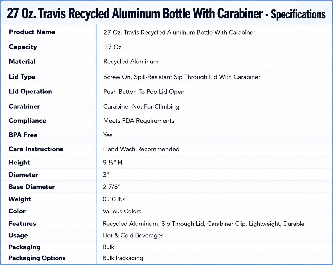 27 Oz. Travis Recycled Aluminum Bottle With Carabiner