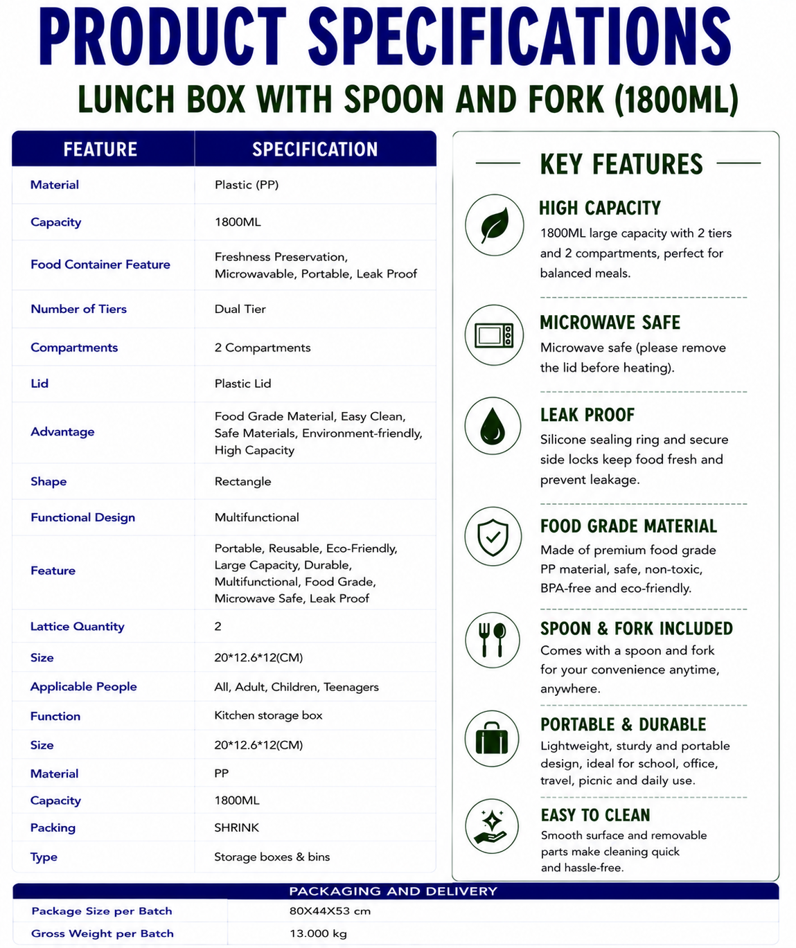Lunch Box with spoon and fork(1800ml)