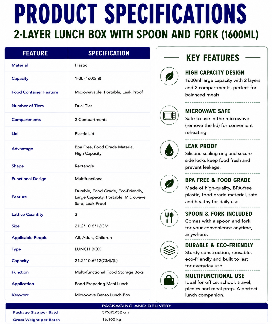 2-layer Lunch Box with spoon and fork (1600ml)