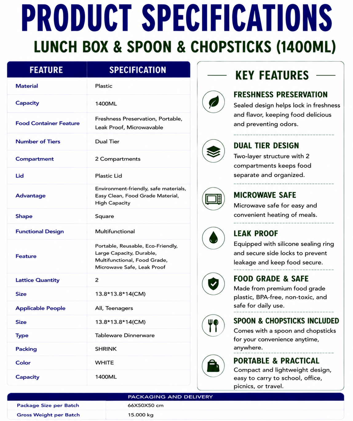 Lunch Box & spoon & chopsticks(1400ml)