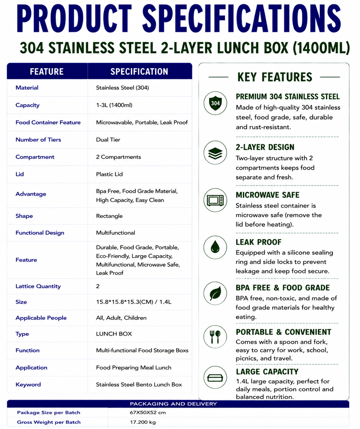 304 stainless steel 2-layer Lunch Box (1400ml)