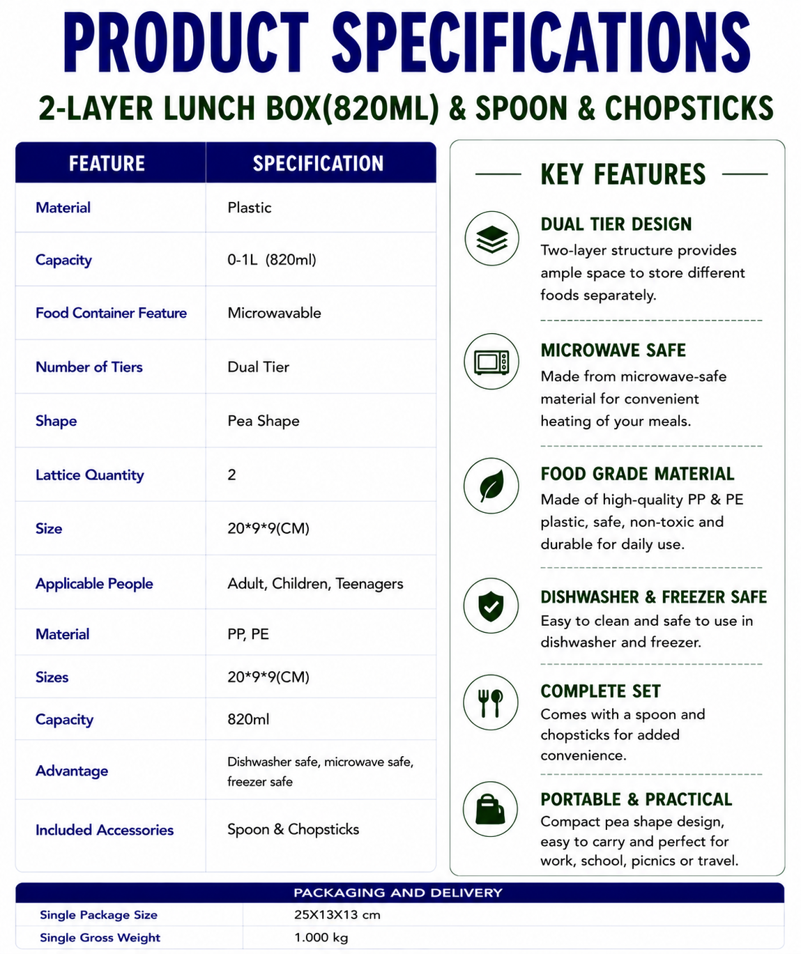 2-Layer Lunch Box(820ML) & spoon & chopsticks