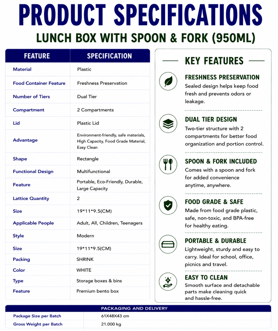 Lunch Box with spoon & fork (950ml)