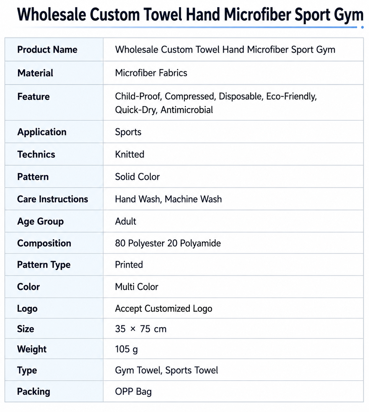 Wholesale Custom Towel Hand Microfiber Sport Gym